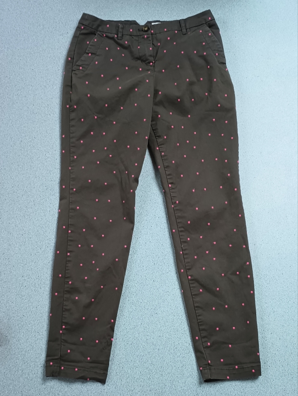 Boden Rachel Olive Green Chino Pants with Embroidered Pink Polka Dots (Size 6R)